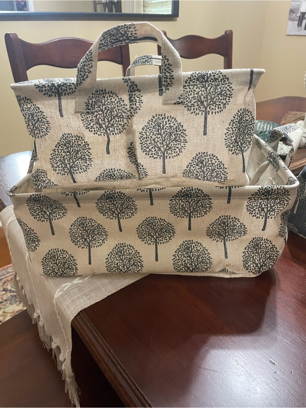 The Container Store Beige and Black Canvas Tree Print Storage Tote- Set of Four